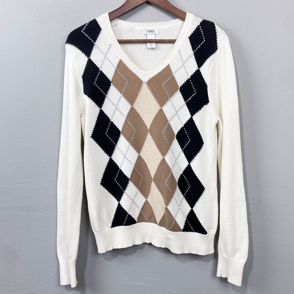 Vintage IZOD Golf Argyle V-Neck Sweater Size S Preppy Academia 90s Ivory Neutral